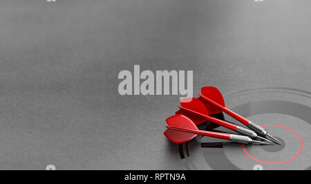 Three darts and business target over grey background and copyspace on the left. Marketing and advertising concept. 3d illustration