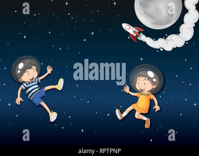 Two kid astronauts in space illustration Stock Vector