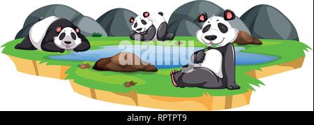 Group of panda at the pond illustration Stock Vector