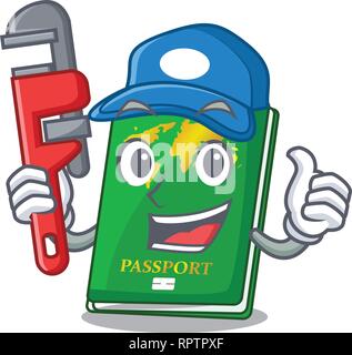 Plumber green passport on the mascot table Stock Vector