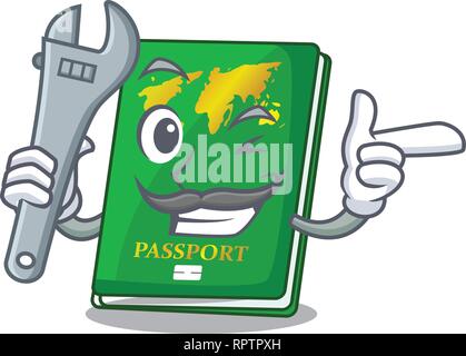 Mechanic green passport on the mascot table Stock Vector