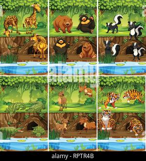 Large set of animals in jungle  illustration Stock Vector