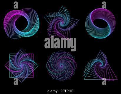 Abstract neon shapes set, futuristic wavy fractal background. Vector  geometric illustration Stock Vector