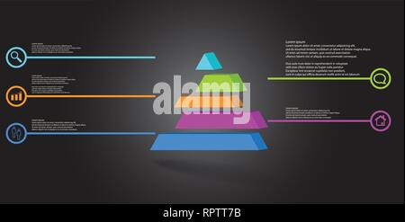 3D illustration infographic template. The embossed triangle is divided to five color shifted parts. Object is arranged on grey black background. Color Stock Vector