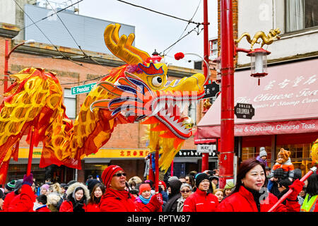 VanCity Dragon Dance team, Chinese New Year Lunar New Year Parade, Chinatown, Vancouver, British Columbia, Canada Stock Photo