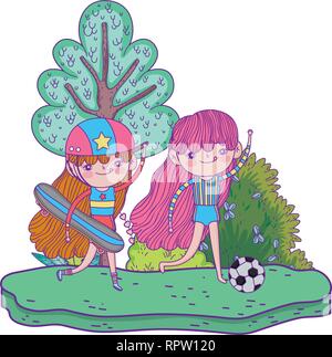 cute little girls in skateboard and playing soccer Stock Vector