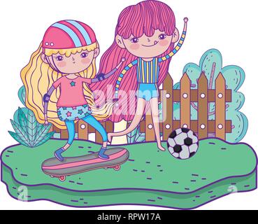 cute little girls in skateboard and playing soccer Stock Vector
