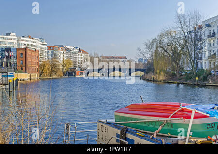 Berlin, Germany - February 14, 2019: Banks of the river Spree and the newly designed area Spree-Bogen with the Ernst-Freiberger foundation Stock Photo