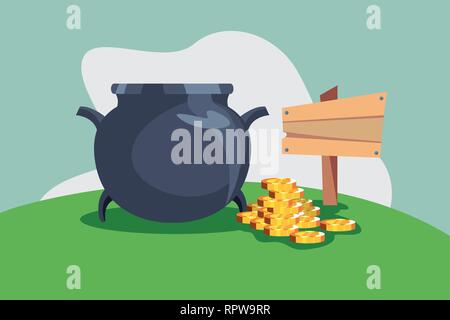 cauldron coins hill signal happy st patricks day vector illustration Stock Vector