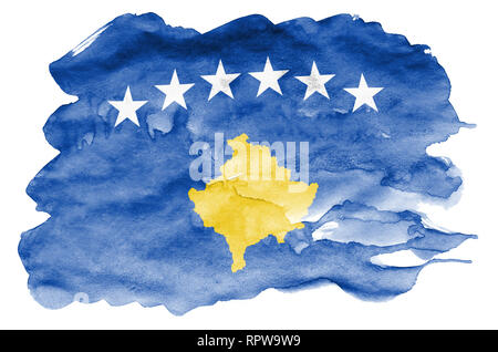 Kosovo flag  is depicted in liquid watercolor style isolated on white background. Careless paint shading with image of national flag. Independence Day Stock Photo