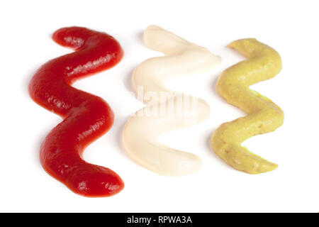 Ketchup mayonnaise and mustard isolated on white background Stock Photo
