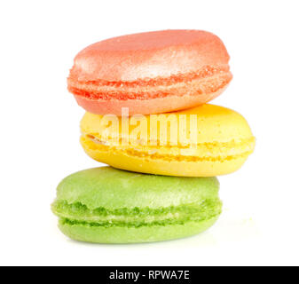 Three macaroons isolated on white background closeup Stock Photo