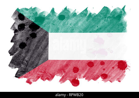 Kuwait flag  is depicted in liquid watercolor style isolated on white background. Careless paint shading with image of national flag. Independence Day Stock Photo