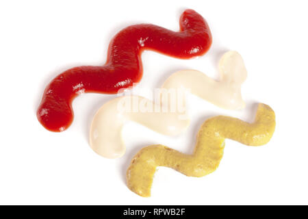 Ketchup mayonnaise and mustard isolated on white background Stock Photo