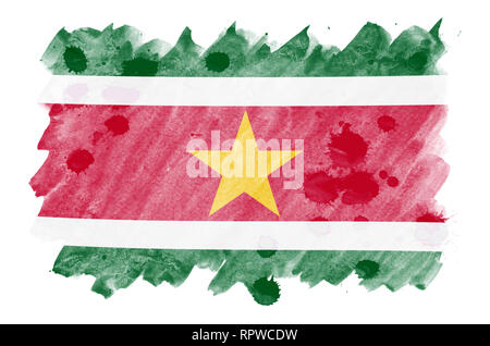 Suriname flag  is depicted in liquid watercolor style isolated on white background. Careless paint shading with image of national flag. Independence D Stock Photo