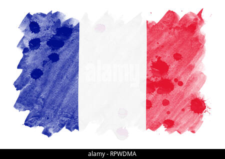 France flag  is depicted in liquid watercolor style isolated on white background. Careless paint shading with image of national flag. Independence Day Stock Photo