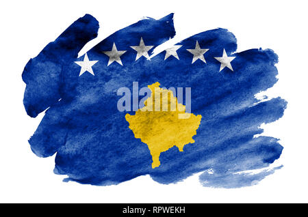 Kosovo flag  is depicted in liquid watercolor style isolated on white background. Careless paint shading with image of national flag. Independence Day Stock Photo