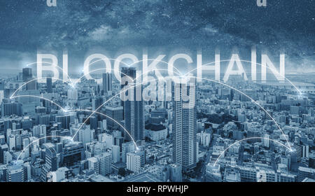 Blockchain technology, cityscape and connections link Stock Photo