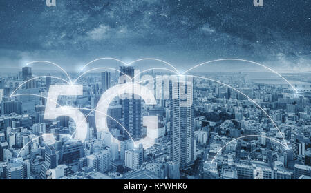 5G internet networking in the city, cityscape and connections link Stock Photo