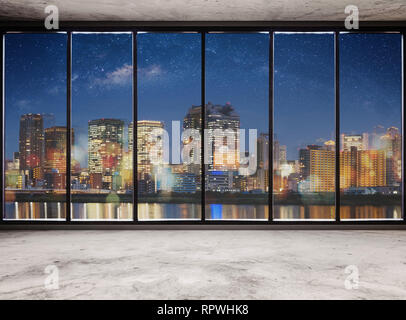 Empty modern interior space with city view at night and starry sky, Empty Business Office Interior Stock Photo