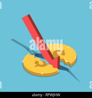 Flat 3d isometric dollars coin cracked and red falling arrow. financial market crisis and economy concept. Stock Vector
