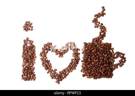 I Love Coffee phrase spelled out of roasted coffee beans isolated on white background Stock Photo