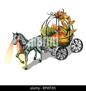 Festive decoration for Halloween isolated on white background. The horse with glowing eyes and a forged metal carriage with a Jack-o-lantern. Vector Stock Vector