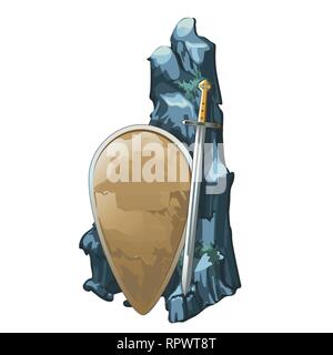 Shield and sword with stone is covered with silt isolated on white background. Archaeological finds of ancient civilizations on the seabed and the Stock Vector