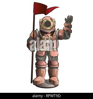 Old underwater diving suit isolated on white background. Diving equipment of nineteenth century. Vector cartoon close-up illustration. Stock Vector