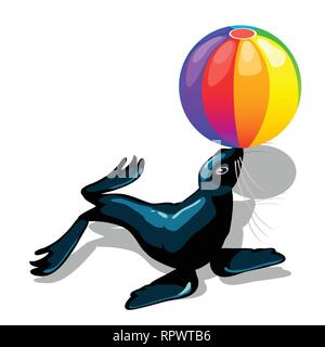 Circus animal sea lion with colorful ball isolated on white background. Vector cartoon close-up illustration. Stock Vector