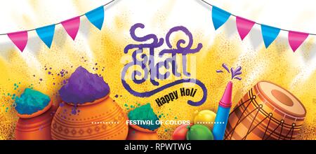 Happy holi festival with colorful powder, dhol and pichkari elements Stock Vector