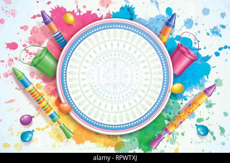 Colorful holi poster design with pichkari and water bucket elements Stock Vector