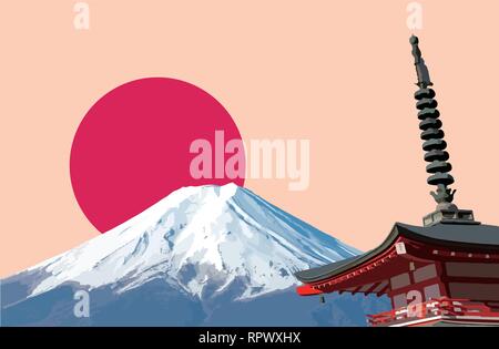 Mount Fuji ( Mt. Fuji ) and Chureito Pagoda with red rising sun background. Flag and symbol of Japan Stock Vector