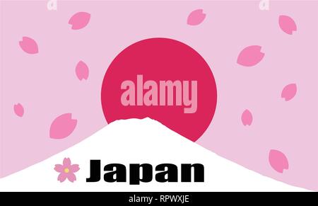 Mount Fuji ( Mt. Fuji ) and with red rising sun and pink cherry blossoms petals background. Flag and symbol of Japan Stock Vector