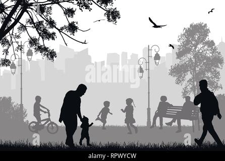 People silhouettes in a city park on black and white, vector illustration Stock Vector