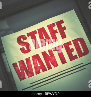 Staff wanted - job vacancy poster in a shop window. Retro style Stock Photo