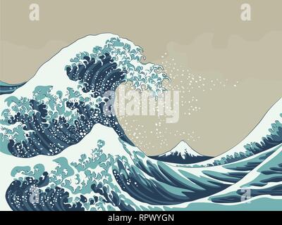 Great Wave with Mount Fuji after 19th century woodblock print vector illustration Stock Vector