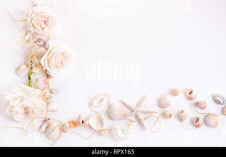 Composition of exotic seashells, oyster, starfish on white background. Tropical summer vacation or Birthday, Wedding Day concept. Stock Photo