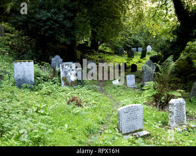 Overgrown graveyard at Minster Church, Boscastle, Cornwall, UK Stock Photo