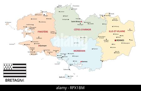 brittany administrative and political vector map with flag Stock Vector