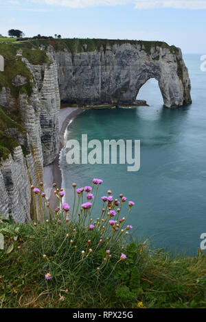 Steep cliffs with the Falaise d'Aval rock gate and the Aiguille ...