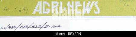 . Agri-news. Agriculture. i CANADIAN OFFICIAL PUBLICATIONS November 2, 1981 FOR IMMEDIATE RELEASE THIS WEEK ADC 1980-81 Annual Report Tabled U.S. Canada Dollar Exchange Rates $115/Tonne Non-Board Barley Prices Predicted A1/A2 Calgary Steer Prices To Return To Mid $70's Alberta Hog Prices Of Around $70 Expected During The Winter Ammoniating Livestock Feed Feeding Cull Cows 4-H Foundation Gets Its Own Brand Farming For The Future Grants Livestock Seminars .1 .3 .5 .6 .7 .8 10 12 13 14 * /dlbcrra AGRICULTURE rniwiMi iMir ATinMQ ni/i&lt;5inM. Please note that these images are extracted from scann Stock Photo