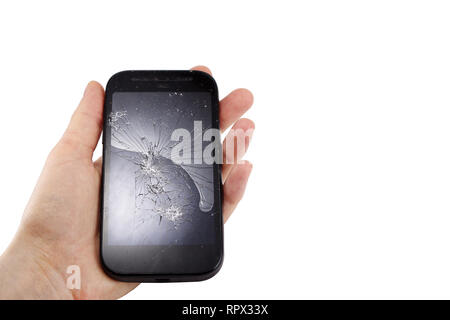 broken phone in hand isolated on white background, crash phone, fractured, smartphone repair, regret Stock Photo