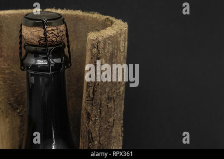 Abstract composition of closed with beige cork and sealed with dusty metal plate champagne black glass bottle placed in tree bark on black background Stock Photo