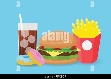 Creative illustration fast food isolated on blue background. Fast food hamburger, donuts, french fries,soda drink in flat style. Stock Vector