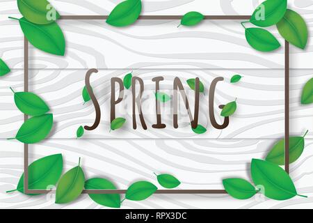 Creative illustration spring season background decorative. Green leafs with square frame on wood texture papercut style. Spring banner, sale, advertis Stock Vector