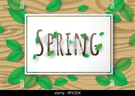 Creative illustration spring season background decorative. Green leafs with square frame on wood texture papercut style. Spring banner, sale, advertis Stock Vector
