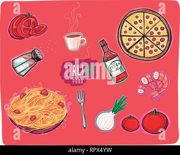 Hand drawn vector illustration or drawing of some elements of the Italian food Stock Vector