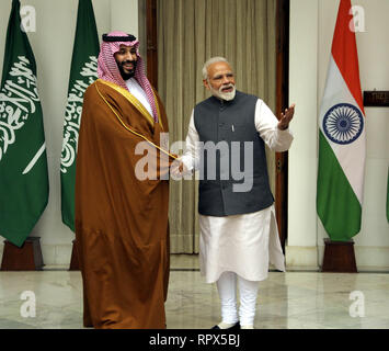 Prime Minister Narendra Modi with Saudi Arabia's Crown Prince Mohammed bin Salman prior to a meeting at Hyderabad House, in New Delhi, India, Wednesda Stock Photo