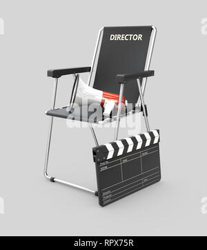 Vintage camera, director's chair, clapperboard and horn in studio. 3D ...